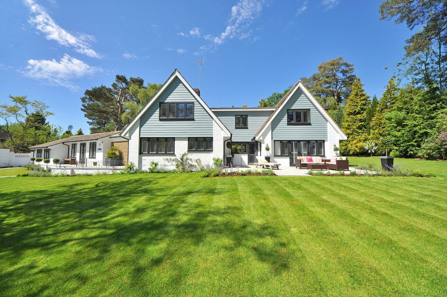 A landscaped lawn in front of a modern home